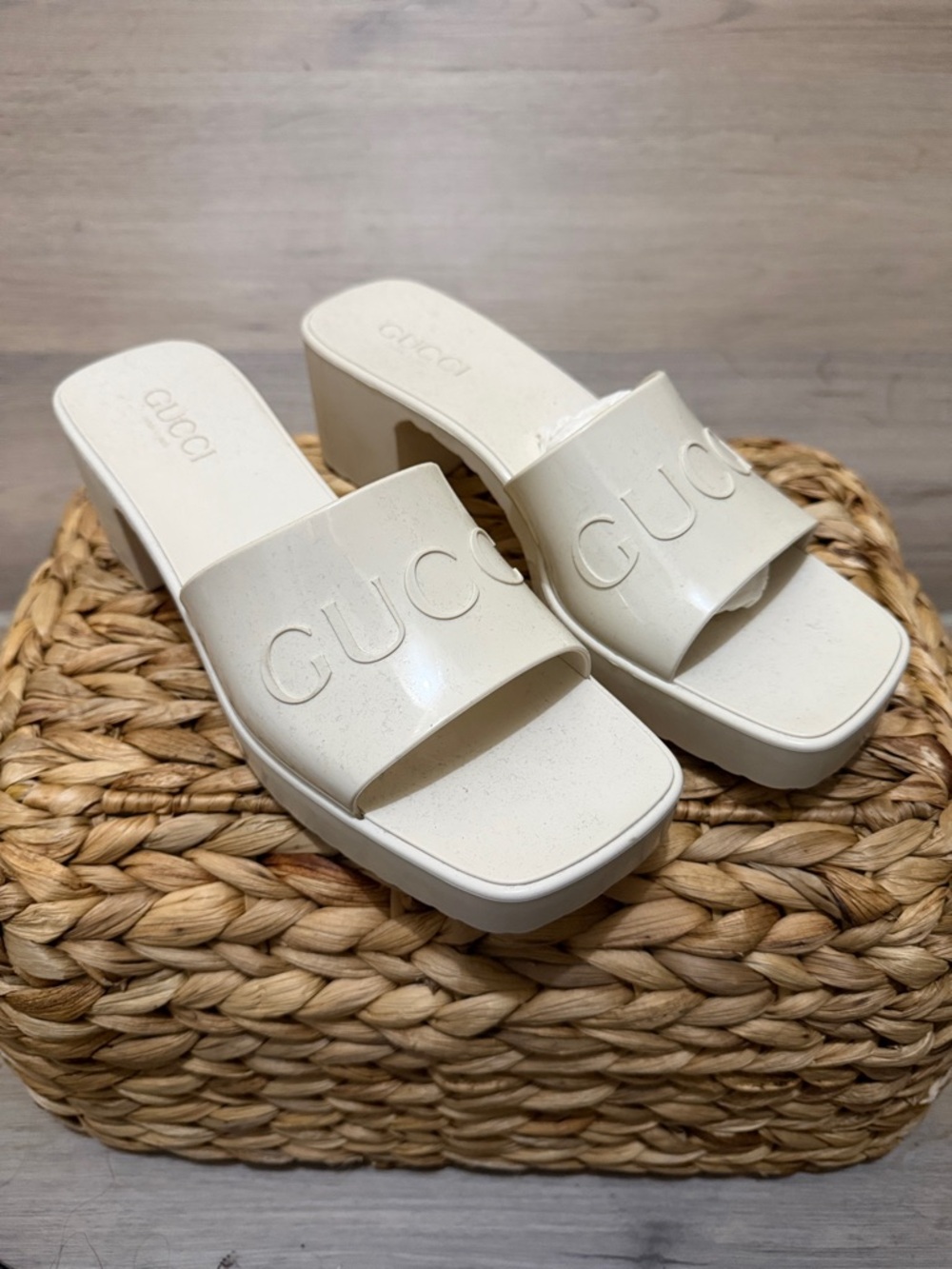 Gucci Cream Embossed Logo Platform Slide Mules